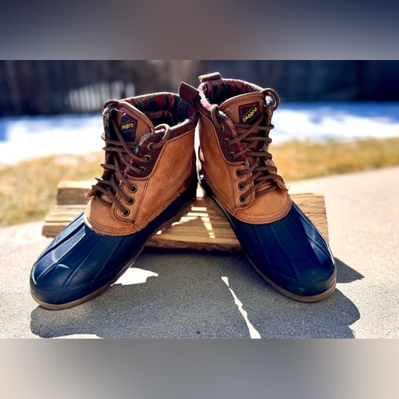 Sporto Duck Boots Womens 9 Insulated Rain Ankle Boots Navy Rubber & Tan Leather - Picture 2 of 11